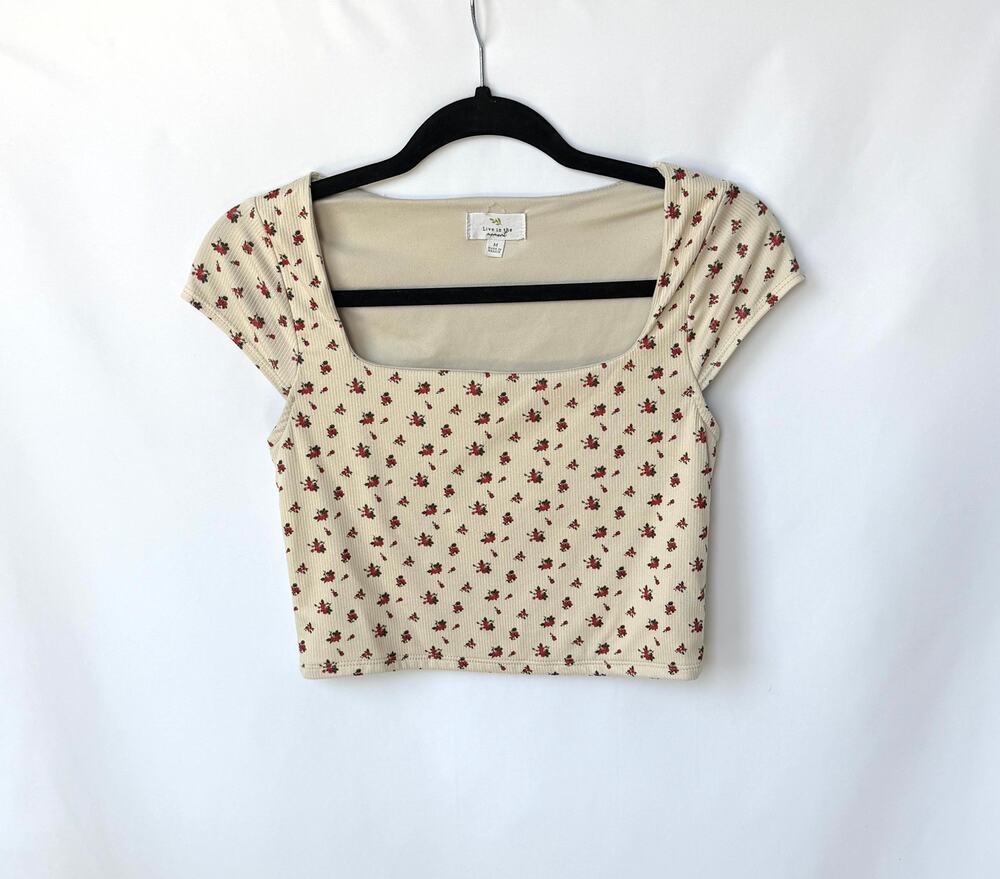Y2K Floral Ribbed Crop Top Cream Baby Tee Cottagecore Fitted Womens M